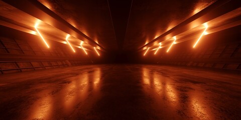 Cyber Retro Sci Fi Futuristic Neon Glowing Orange Glowing Ceiling Lights Barn Warehouse Metal Cement Night Studio Hangar 3D Rendering