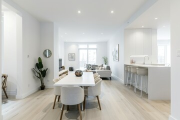 Fototapeta premium Modern white dining space with cozy seating, minimal decor, and natural light