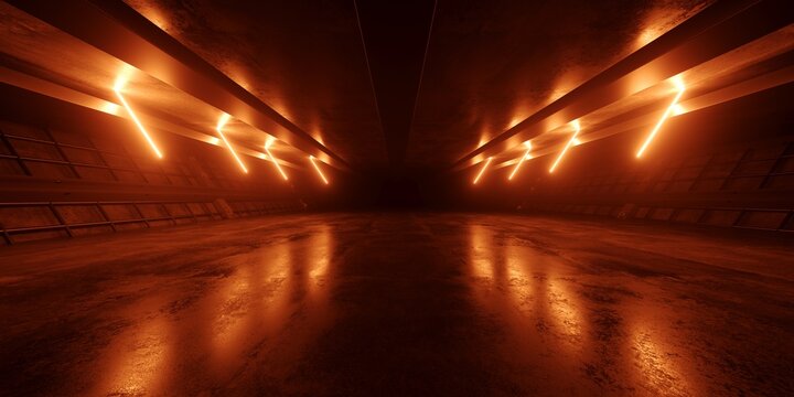 Cyber Retro Sci Fi Futuristic Neon Glowing Orange Glowing Ceiling Lights Barn Warehouse Metal Cement Night Studio Hangar 3D Rendering