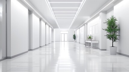 An empty school hallway with white walls, minimalist decor, and bright lighting