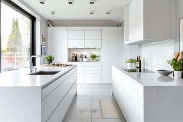 Minimal white kitchen with white cabinets and a sleek design, reflecting modern aesthetics.