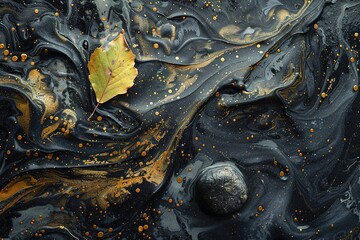 Artistic Dark Liquid leaf and Stone Texture Background With Generative AI