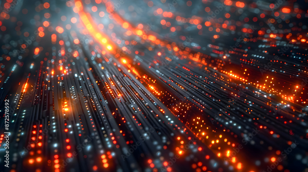 Poster luminous digital pipelines and intricate circuitry transferring vast amounts of interconnected digit