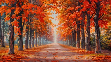 A path lined with trees is covered in autumn leaves. Generate AI