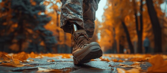 A disabled person is wearing a prosthetic leg. close up