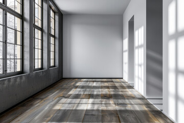 Obraz premium Empty room interiors in dark contrasting colors with a window filling the room with natural lighting and ample copy space. Residential interiors design, architectural concept image.