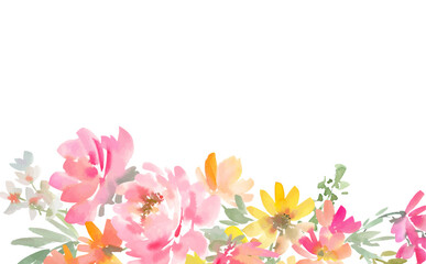 Watercolor abstract frame of pink and yellow flowers、Botanical background vector illustration painted in watercolor、Watercolor illustration of roses