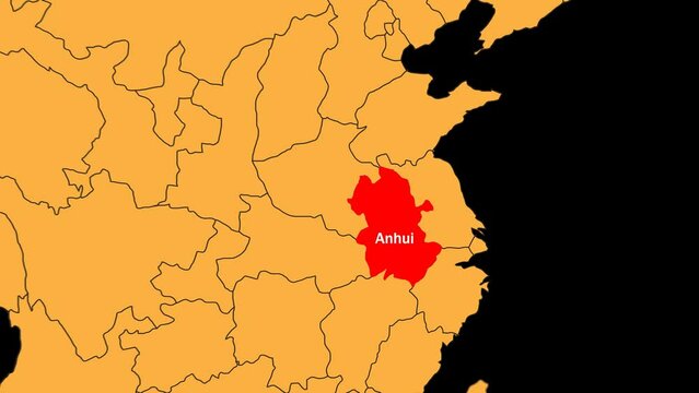 Anhul map animated video. Anhul location is highlighted on the China map colour with a transparent png background in video format.
