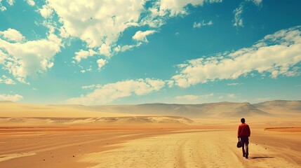 In the backdrop of a sky and desert landscape in Paracas, Ica, Peru, a lone figure walks with a handbag, silhouetted against the bright light.