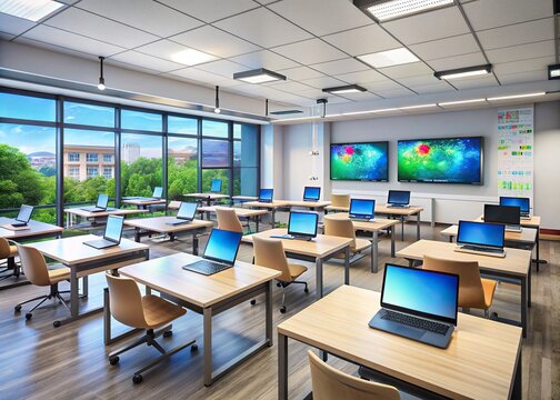 Modern classroom with rows of sleek desks featuring interactive screens displaying vibrant educational content tailored to individual learning needs and styles.