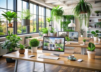 Modern e-learning setup with multiple devices displaying online courses, surrounded by sleek interior design elements and plants, conveying innovation and comfort.