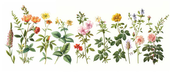 Elegantly illustrated vintage flowers on white background, perfect for botanical decor.