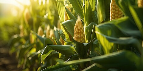 Fototapeta premium A row of large ripe corn in the field. Close-up.