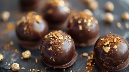 Chocolate bonbons adorned with edible gold leaf, presenting a luxurious and indulgent treat, perfect for special occasions or gourmet desserts.