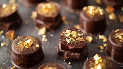 Chocolate bonbons adorned with edible gold leaf, presenting a luxurious and indulgent treat, perfect for special occasions or gourmet desserts.