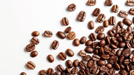 Naklejka premium Coffee beans scattered on a clean white background, showcasing their texture and rich color, perfect for coffee-related presentations or advertisements.