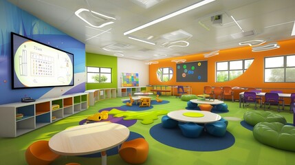 Classroom design featuring creative zones and interactive learning tools