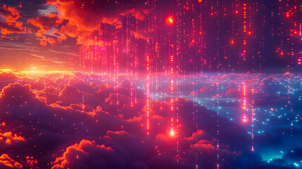 Obraz premium Glowing digital cables cascading from the sky creating a sense of weightlessness and otherworldly surreal dreamlike with a touch of fantasy and vibrant color palette along with dramatic lighting