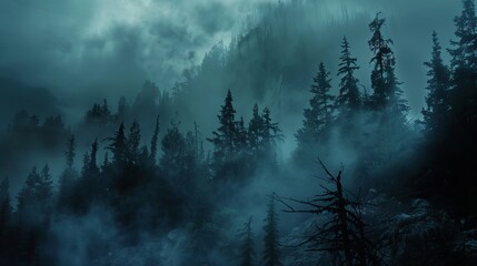 A dark and ominous forest nestled within the mountains, shrouded in mist and shadow, evoking a sense of mystery and foreboding.