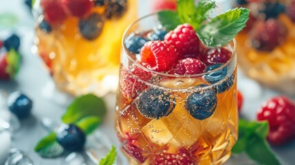 A glass of mixed berries and mint is on a table