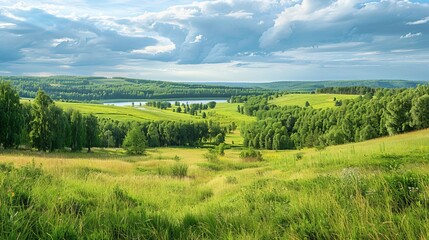 Obraz premium Fields and forests stretching under the summer sun, with the Ob reservoir visible on the horizon in the Novosibirsk region of Russia.