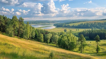 Fototapeta premium Fields and forests stretching under the summer sun, with the Ob reservoir visible on the horizon in the Novosibirsk region of Russia.
