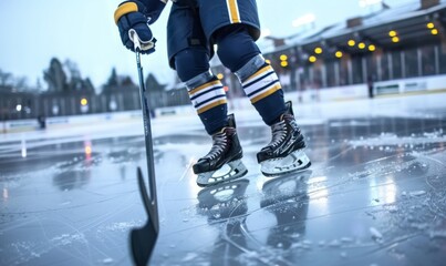 A hockey player's legs and skates gliding on ice, with the rink in the background