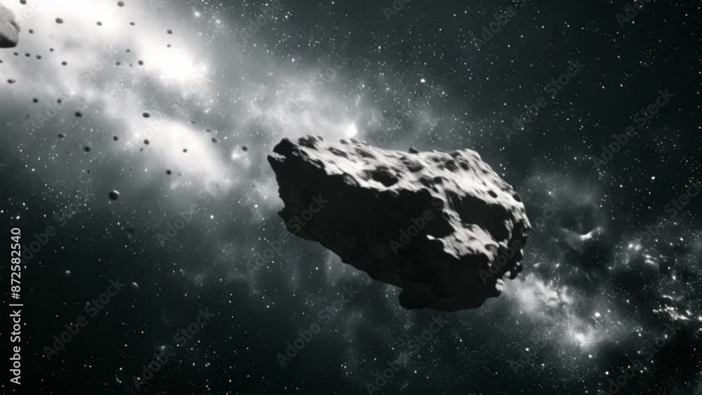 Poster This grayscale image of a large asteroid against a backdrop of distant stars and nebulae.