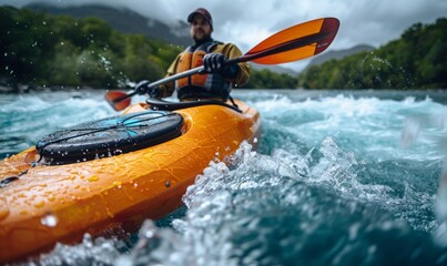 Fototapeta premium A kayaker's body and paddle in motion on a rapid river, with the surrounding landscape