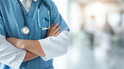 A doctor with arms crossed stands in a hospital hallway with a stethoscope around their neck.