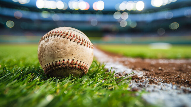 Baseball on a blur field with dirt mound, green grass, and stadium lights.