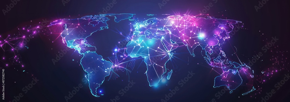 Wall mural abstract world map with glowing lines and dots representing global connections. concepts. technology