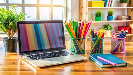 Colorful pens, pencils, notebooks, and laptops arranged on a desk, surrounded by open laptop screens displaying online shopping websites for back to school supplies.