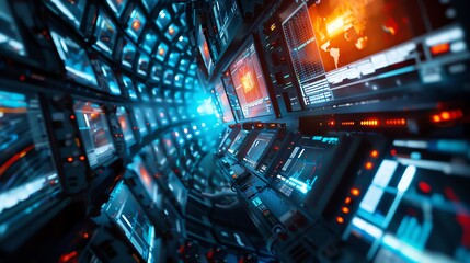 Obraz premium A futuristic, abstract, and surreal image of a room filled with monitors, glowing with bright lights.