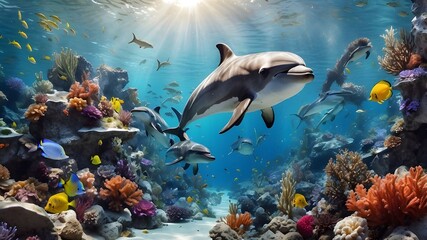 Fototapeta premium With fish and sea plants in the backdrop and two dolphins swimming around the coral reef, the image displays an underwater scene.