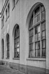 Facade of an Abandoned Building in Monochrome.