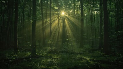 Fototapeta premium A forest with sunlight shining through the trees