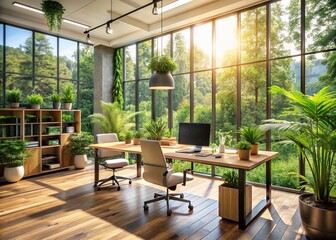Fototapeta premium Modern eco-friendly office space with reclaimed wood desk, potted plants, and floor-to-ceiling windows offering serene green forest view and natural sunlight.