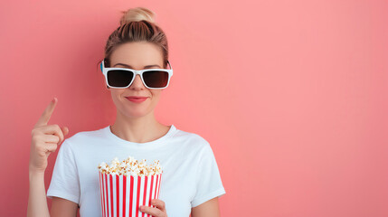 Fototapeta premium Young cool woman she wears white top shirt casual clothes 3d glasses watch movie film hold bucket of popcorn in cinema point finger camera on you isolated on plain pastel light blu