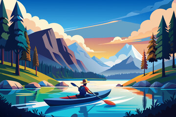 People are enjoying kayaking on a Lake surrounded by beautiful mountain nature
