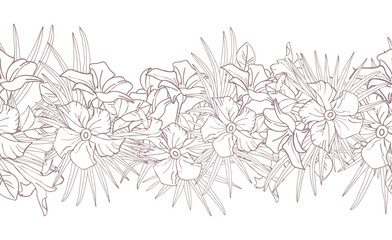 Jasmine flower and palm leaves line art seamless pattern boarder for textile, scrapbook or wallpaper. Delicate tropical flower, vector background