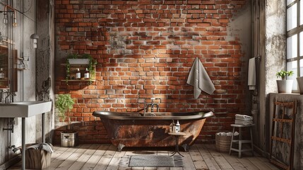 An old brick wall inside a bathroom, adding a rustic and textured element to the space, evoking a blend of historical charm and contemporary design.