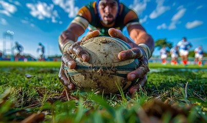 A rugby player's hands gripping the ball, with the field and players in the background