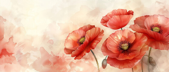 Vibrant red poppy flowers on pastel watercolor background, capturing delicate nature artfully.