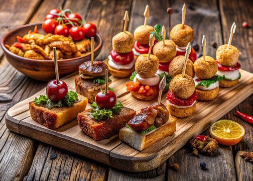 Assorted pinchos and tapas from the Basque Country, Spain, featuring crispy croquetas, savory tortilla, rich anchovies, and flavorful meat skewers on a rustic wooden board.