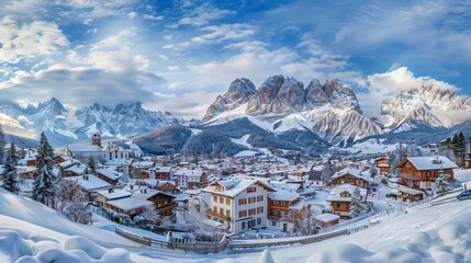 A panoramic view of Cortina d'Ampezzo nestled in the Italian Dolomites, showcasing its picturesque mountainous landscape and charming alpine architecture.