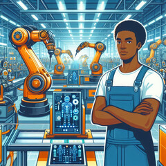 Illustration of Advanced robotic assembly line in a futuristic factory with AI-integrated robots working alongside human operators.