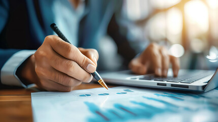 Businessman draw growth graph and progress of business and analyzing financial and investment data ,business planning and strategy on blue background.