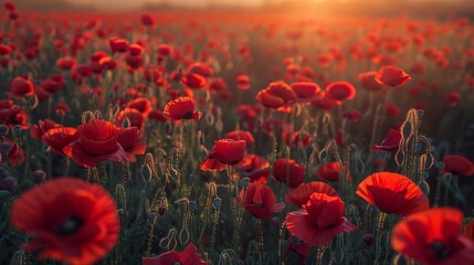 Obraz premium A vibrant field of red poppies in full bloom during the spring season, creating a stunning natural backdrop filled with the beauty of nature.