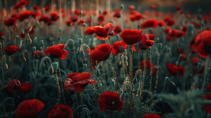 Obraz premium A vibrant field of red poppies in full bloom during the spring season, creating a stunning natural backdrop filled with the beauty of nature.